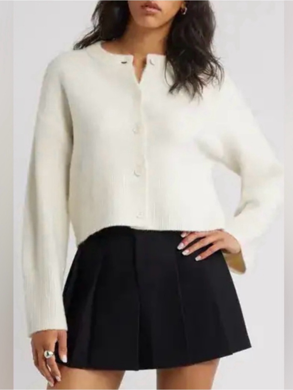 Open Edit Cream Cropped Button-Front Women's Sweater